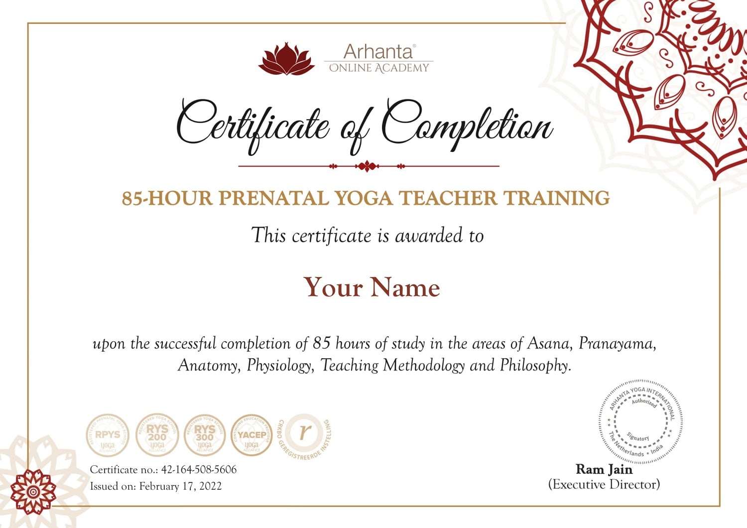 85-Stunden-Zertifikat für pränatale Yogalehrerausbildung